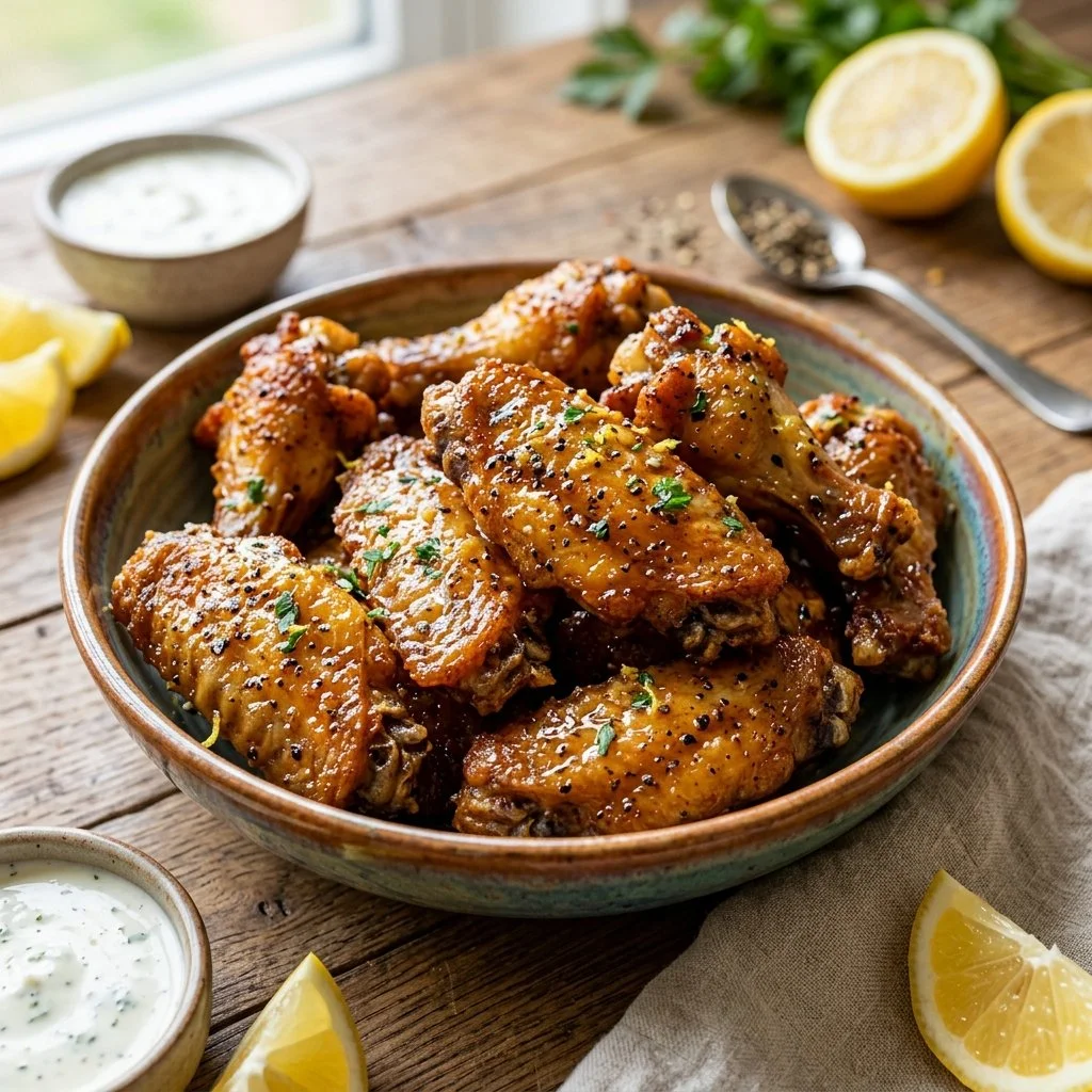 Delicious air fryer lemon pepper wings served on a plate.