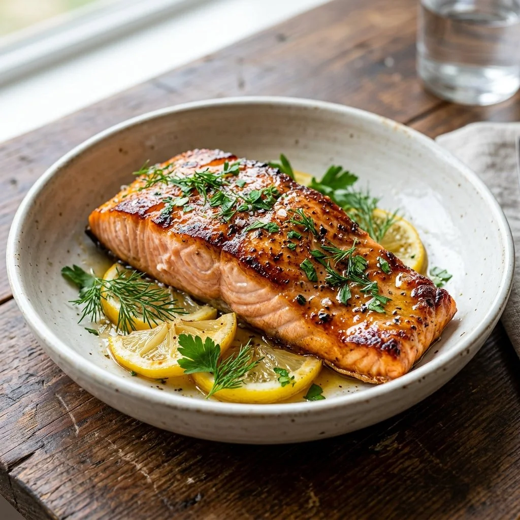 Juicy air fryer salmon served with a side of vegetables