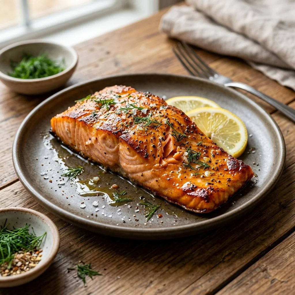 Deliciously cooked air fryer salmon served with a side of vegetables