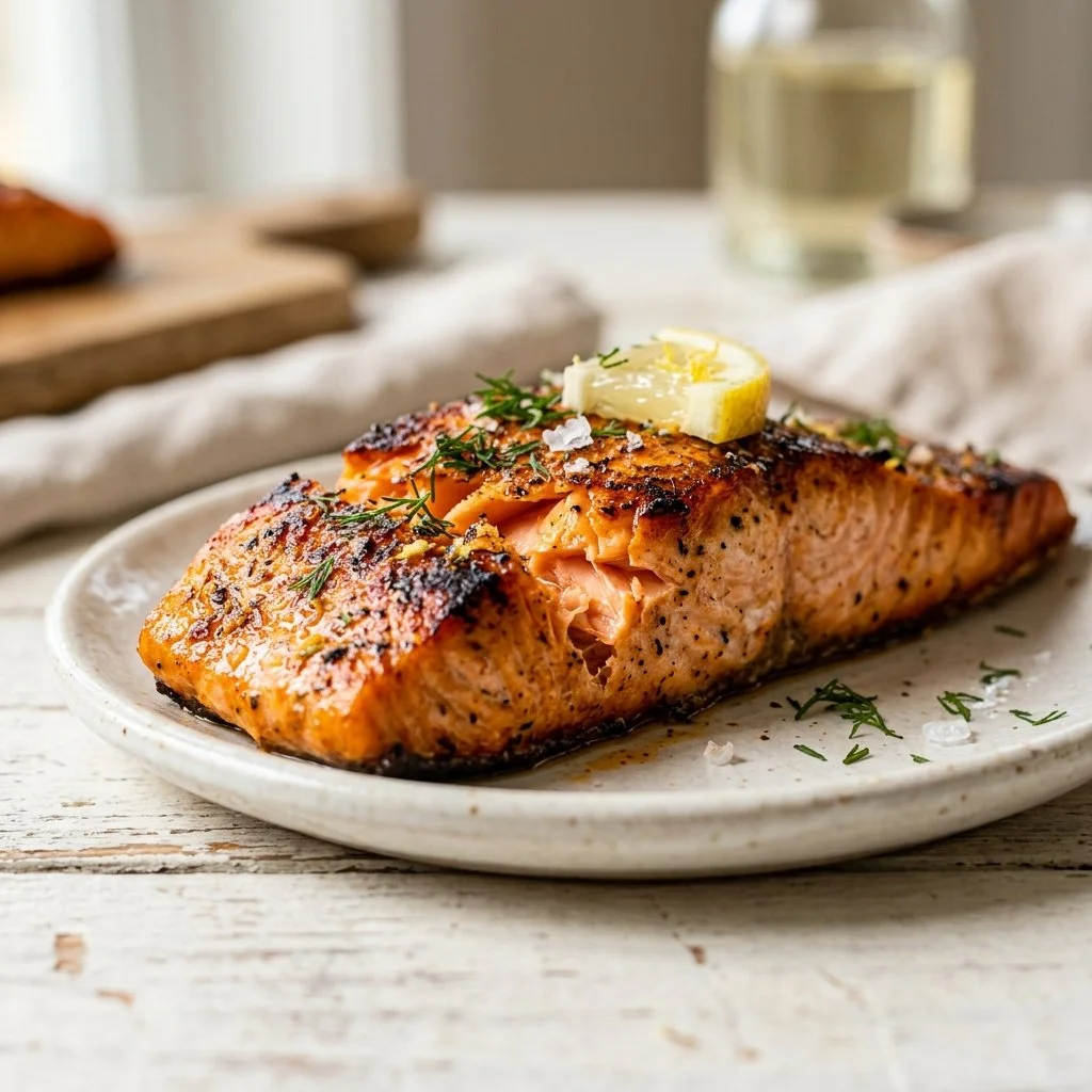Delicious air fryer salmon served with herbs and lemon