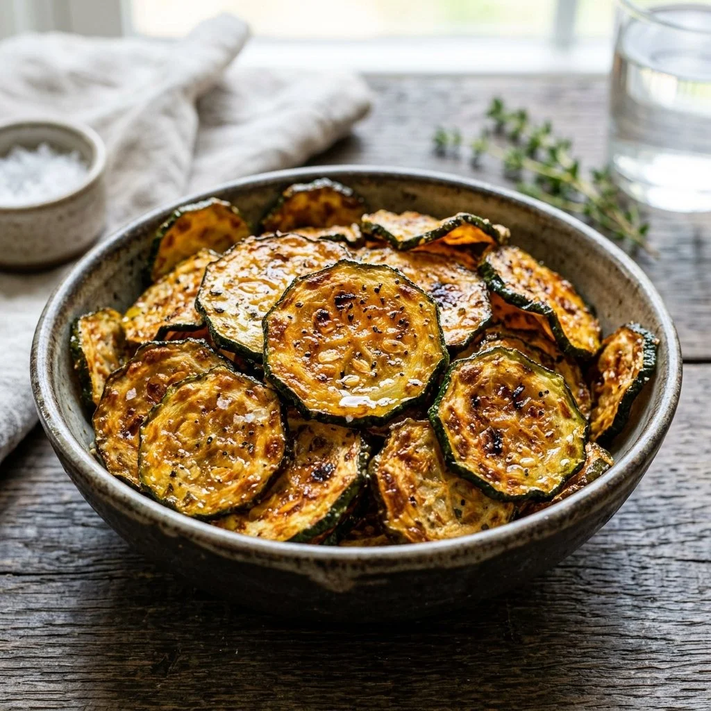 Crispy air fryer zucchini chips served in a bowl