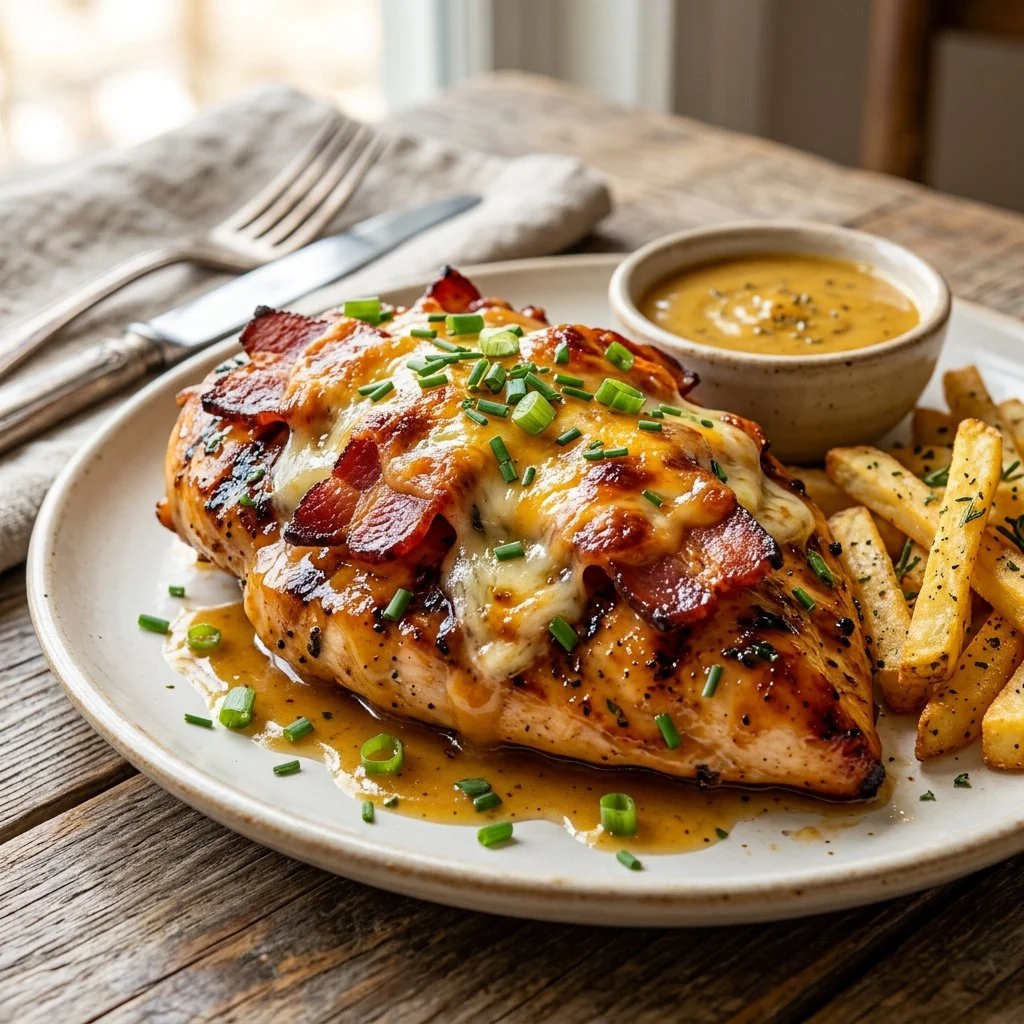 Delicious Alice Springs Chicken served with vegetables and sauce.