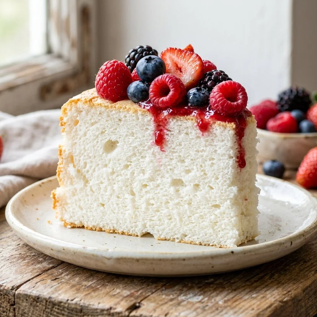Delicious slice of Angel Food Cake served on a plate with fresh berries.