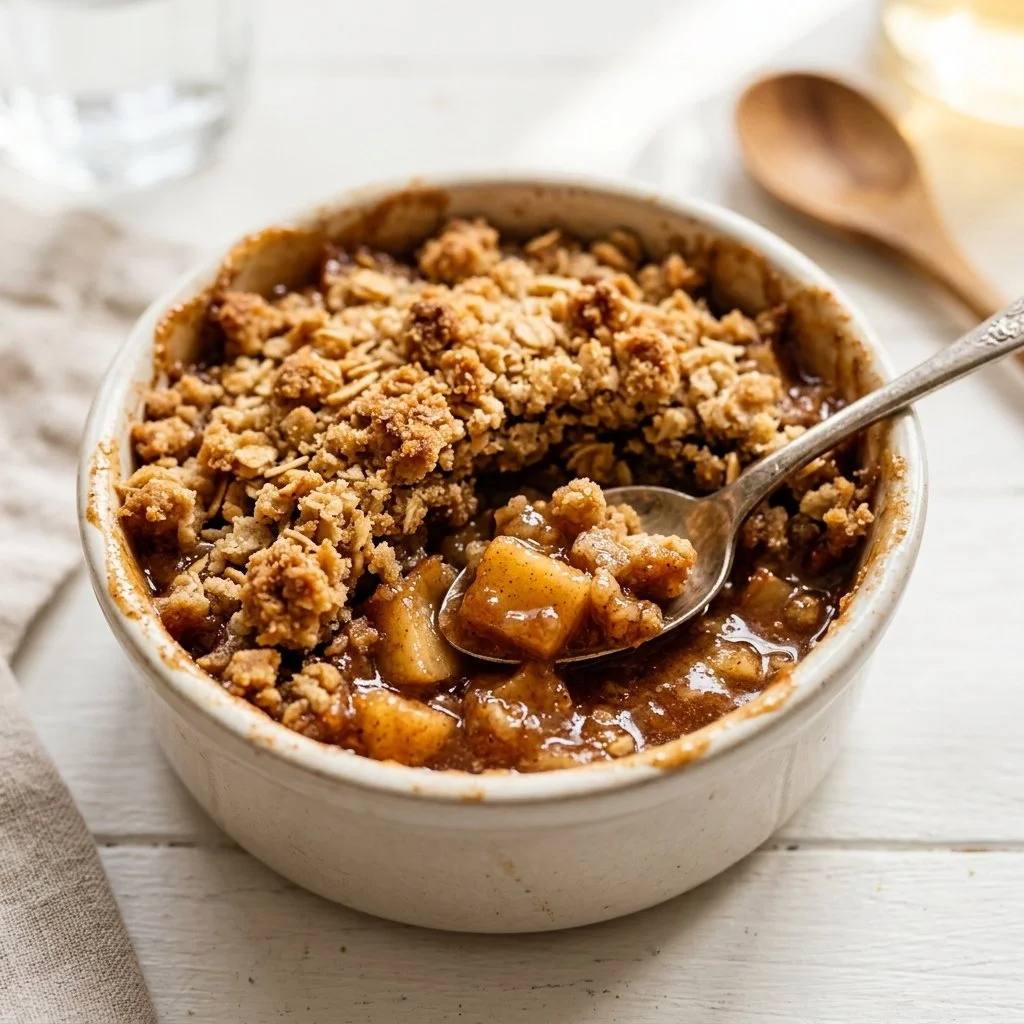 Delicious homemade Apple Crumble served in a bowl with a scoop of ice cream