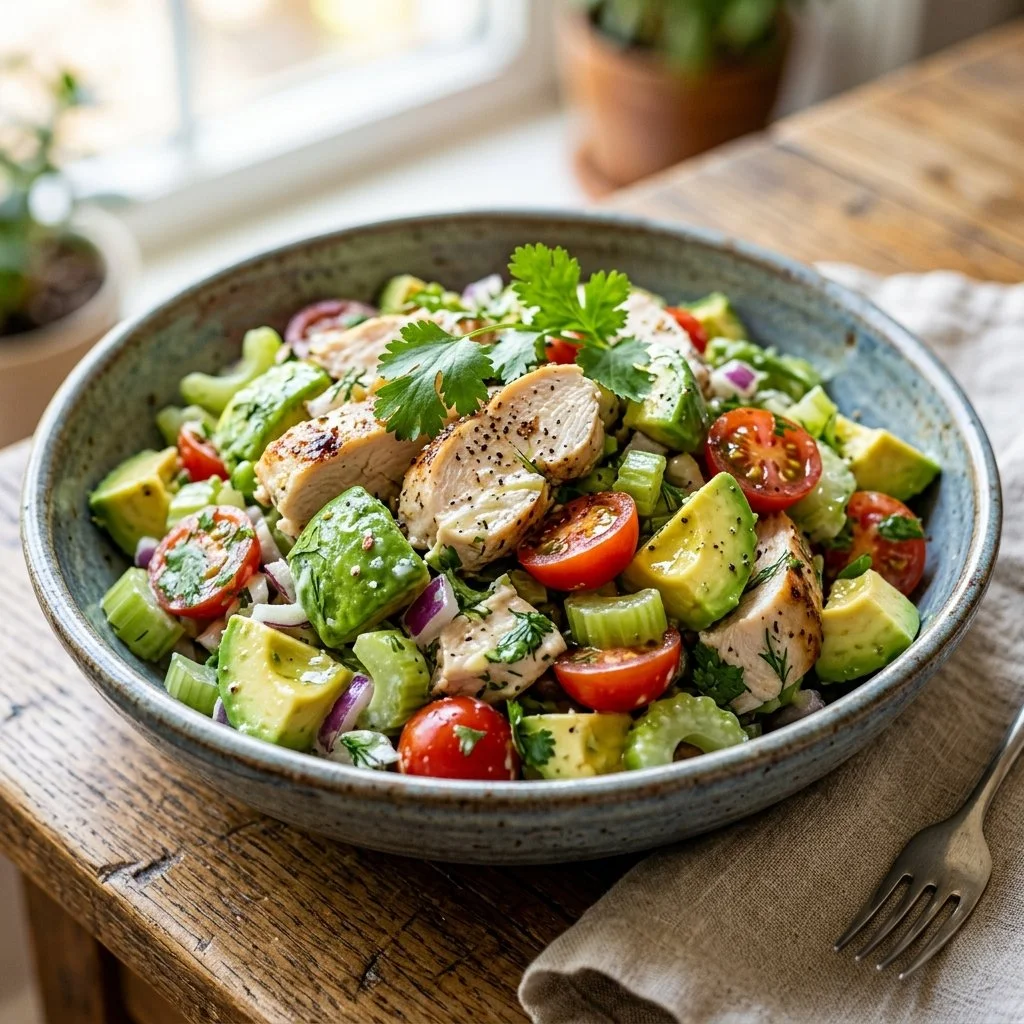 Delicious avocado chicken salad served in a bowl with fresh ingredients