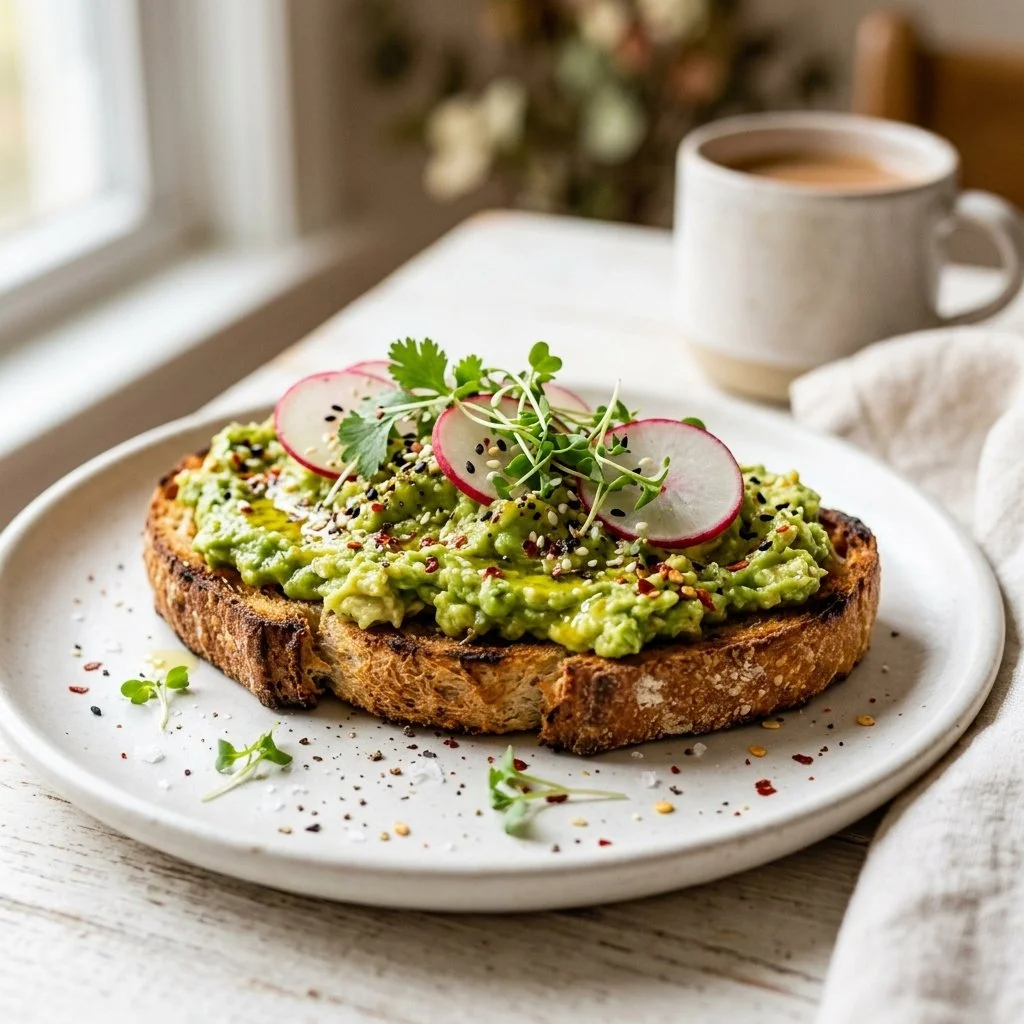Delicious avocado toast topped with fresh ingredients on a wooden table.