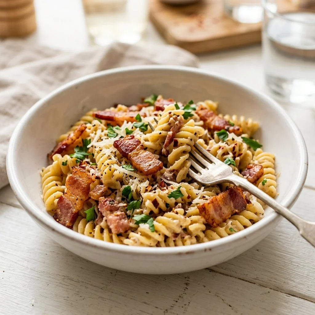 Creamy Bacon Pasta topped with crispy bacon and herbs