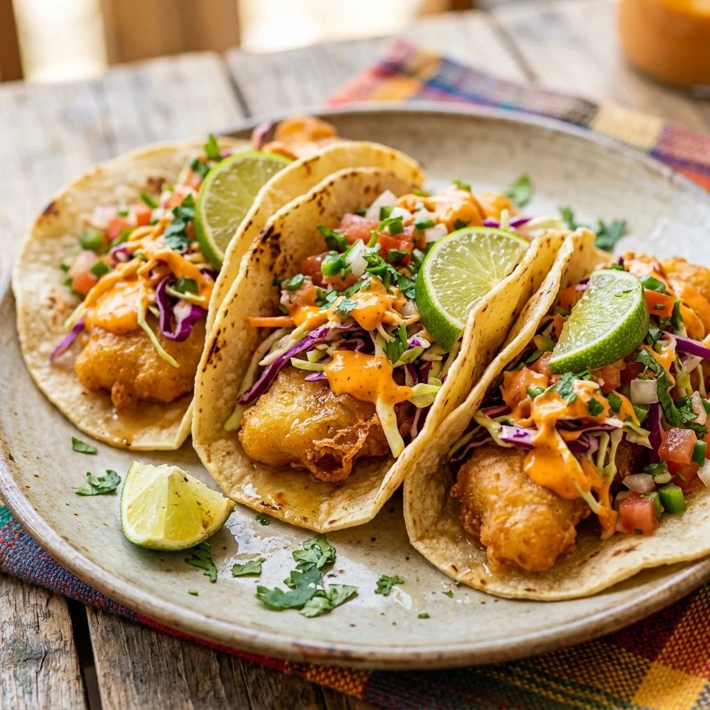 Delicious Baja Fish Tacos garnished with fresh cilantro and lime slices