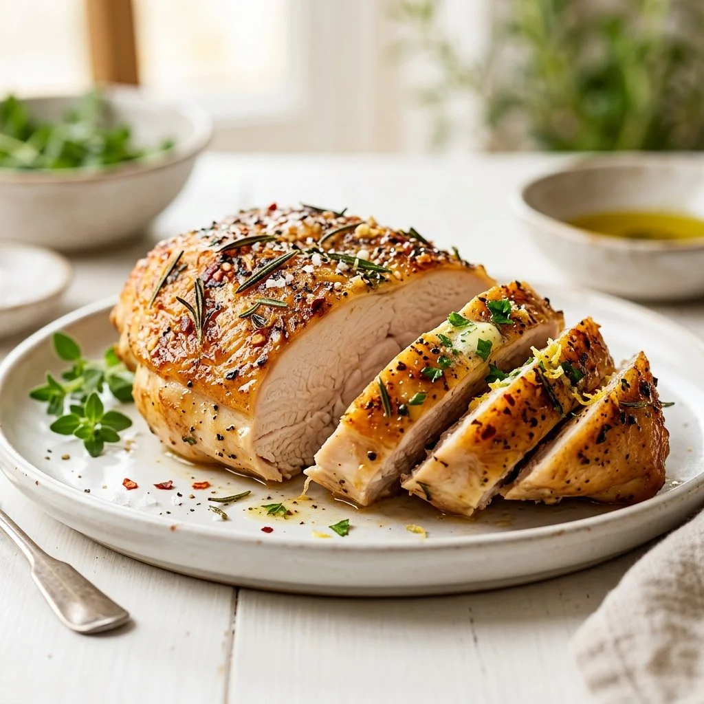 Juicy baked chicken breast served with herbs and spices on a plate