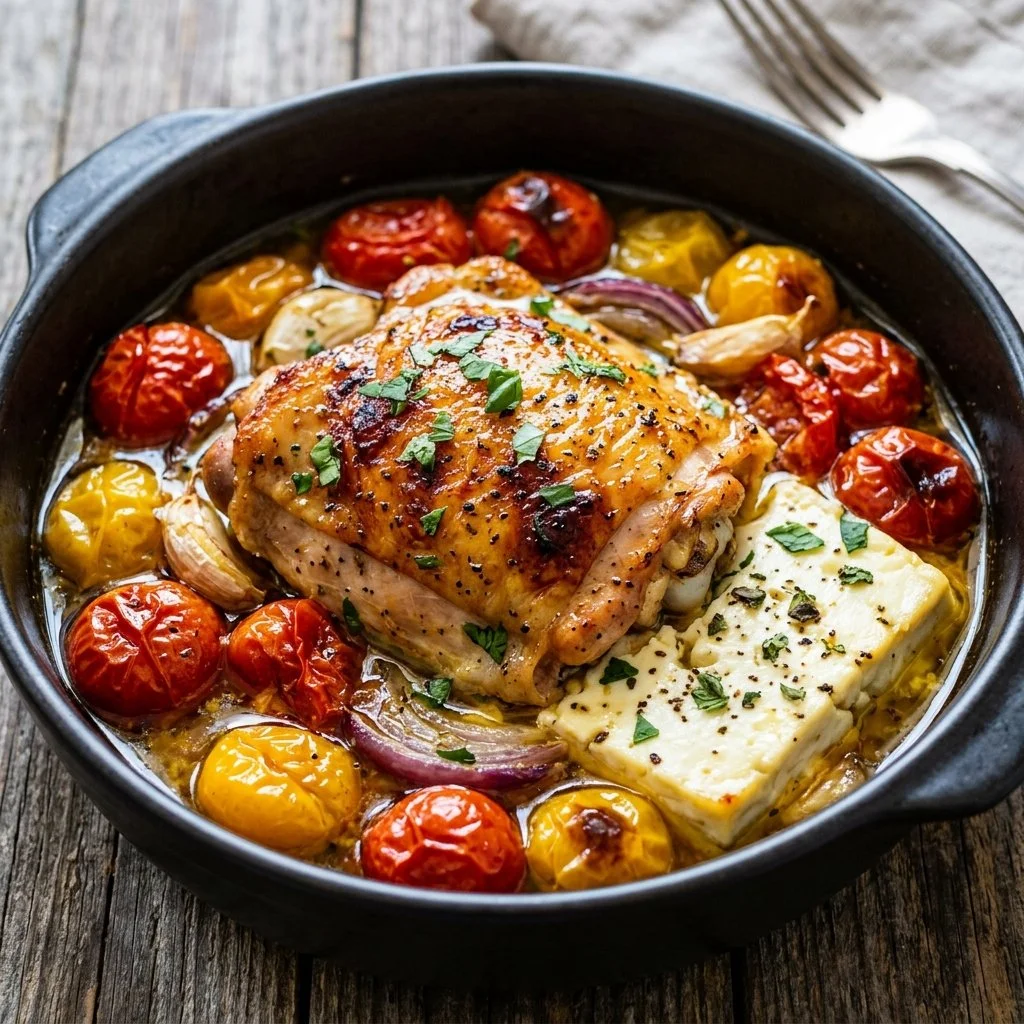 Delicious baked feta chicken dish served with vegetables on a plate