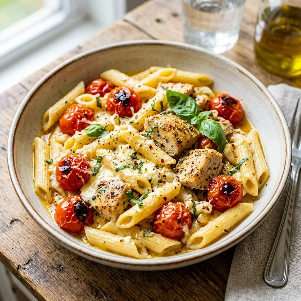 Baked Feta Chicken Pasta served in a bowl with fresh herbs