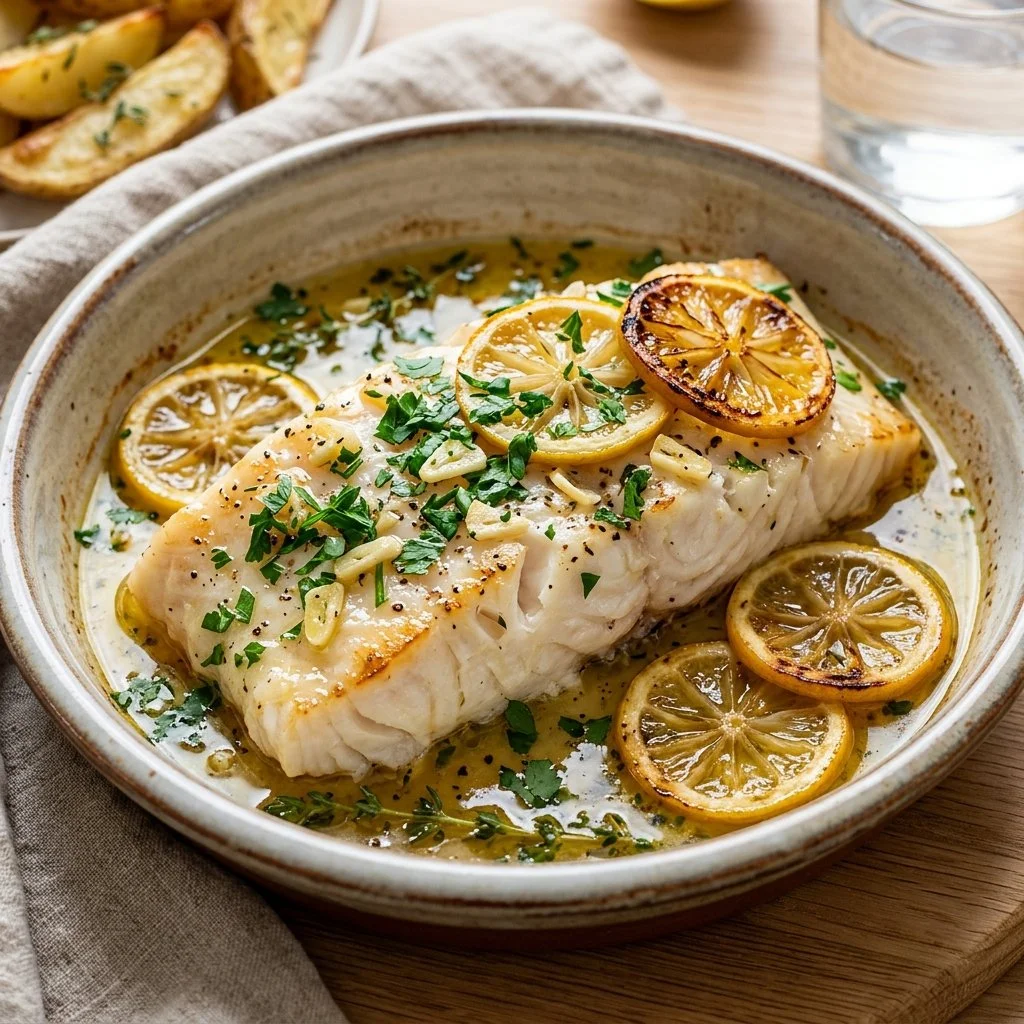 Baked lemon cod fillet garnished with lemon slices and herbs on a plate