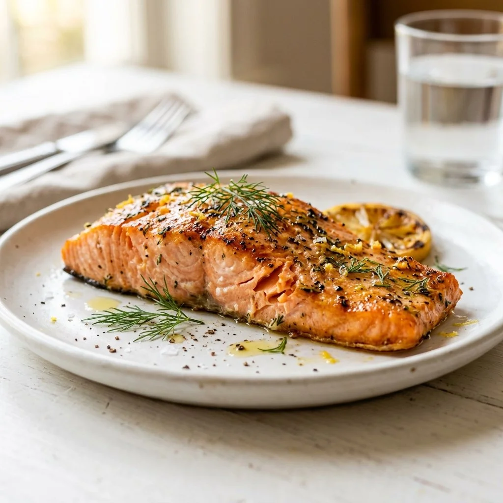 Deliciously baked salmon fillet garnished with herbs and lemon, served on a plate.