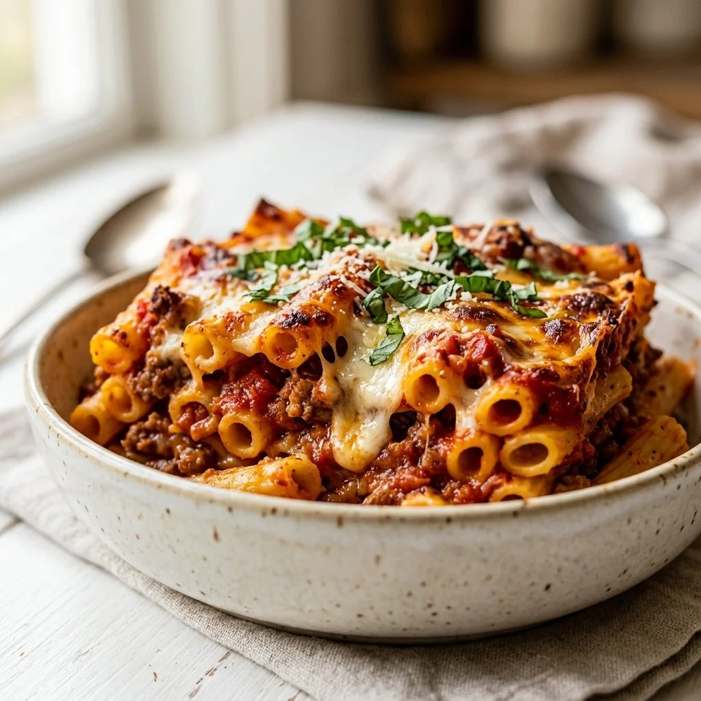 Delicious baked ziti layered with cheese and marinara sauce