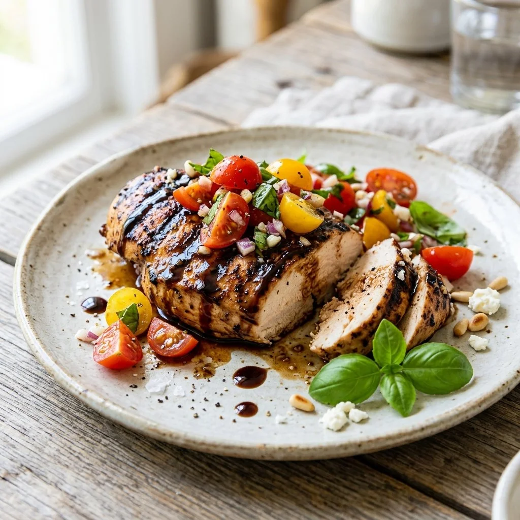 Plate of Balsamic Bruschetta Chicken garnished with fresh basil and tomatoes