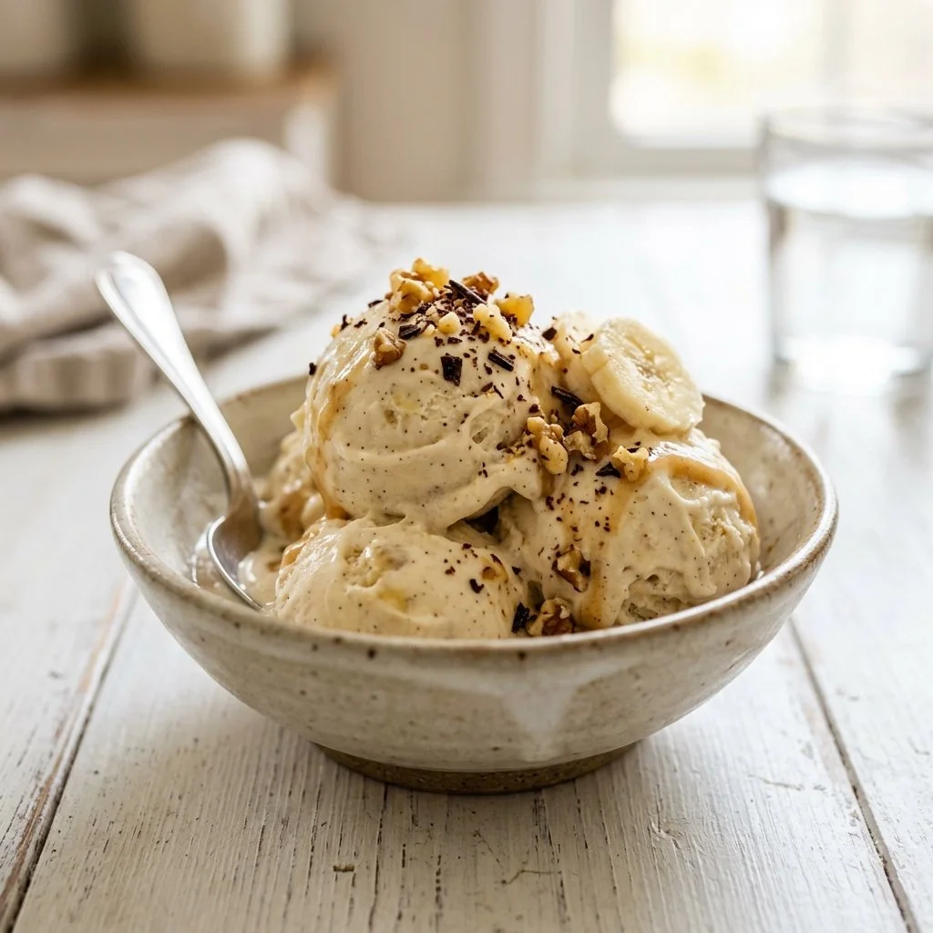 Homemade banana ice cream served in a bowl with fresh banana slices