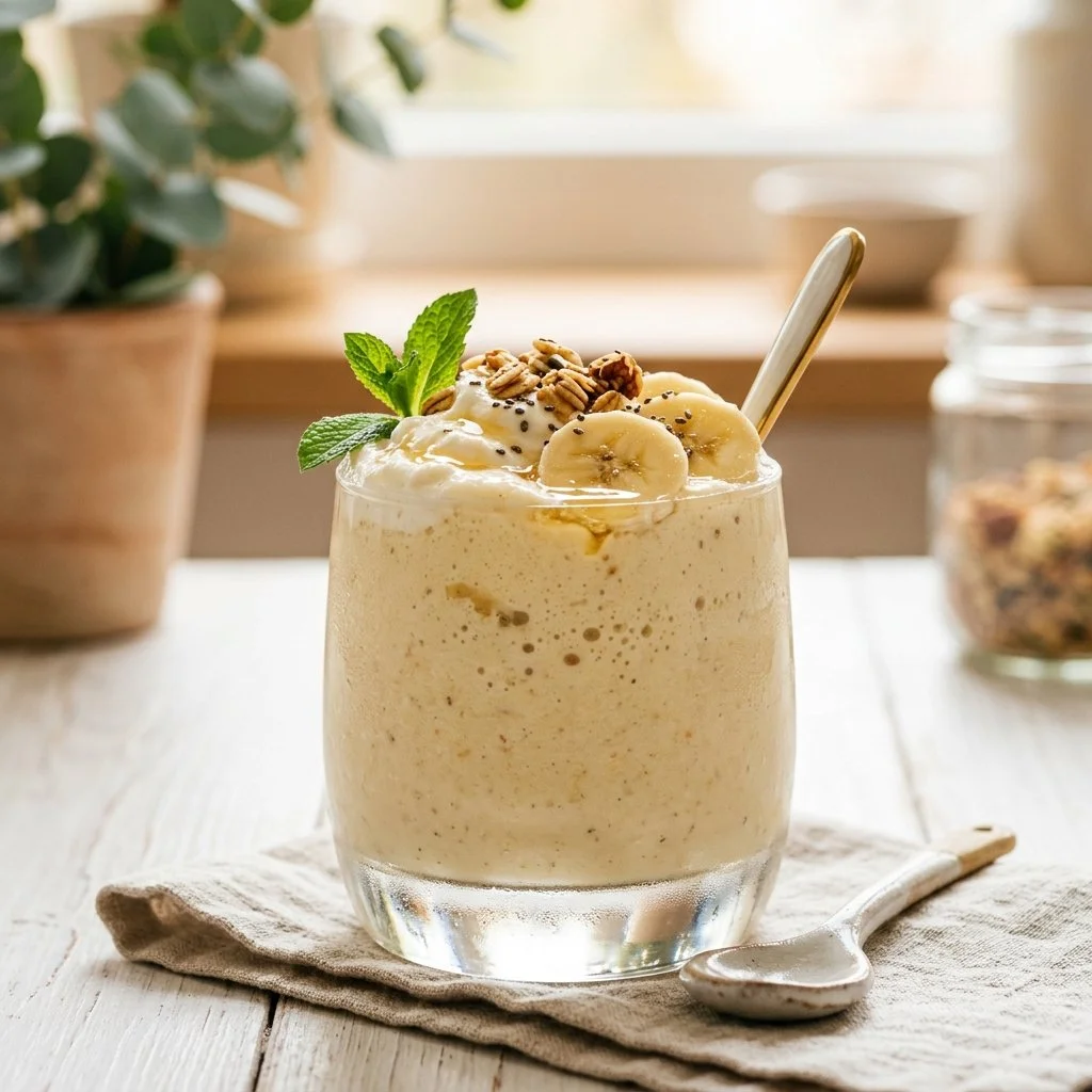 Creamy banana smoothie in a glass with a banana and straw