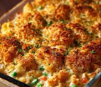 Delicious Bang Bang Chicken Casserole topped with crunchy breadcrumbs and herbs