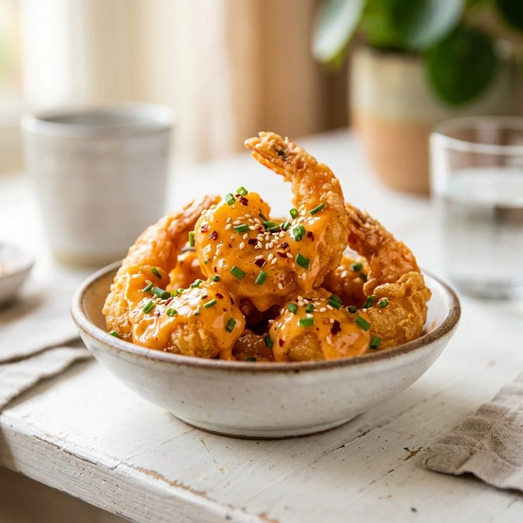 Plate of crispy Bang Bang Shrimp garnished with green onions and sauce