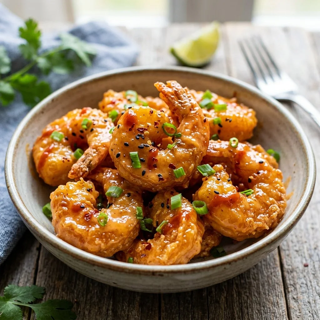 Delicious Bang Bang Shrimp served with a spicy sauce and garnished.