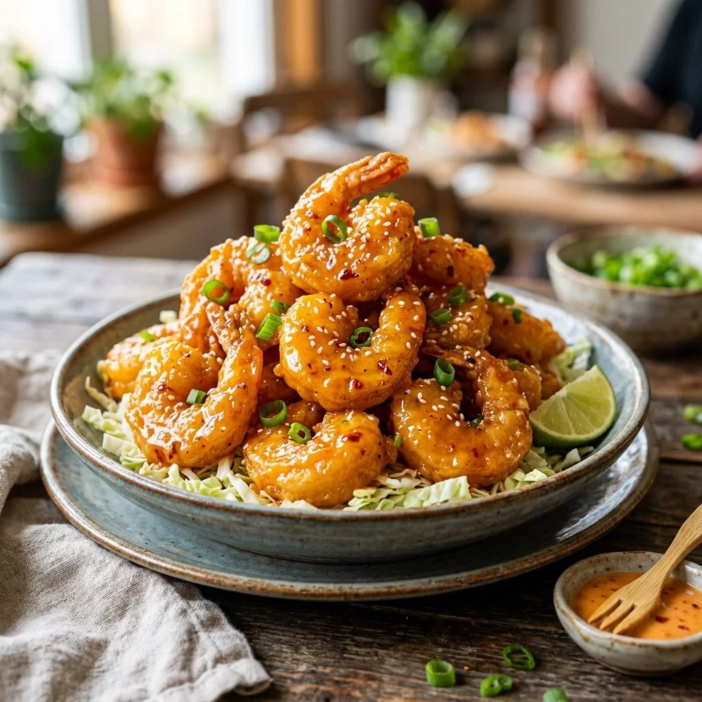 Crispy Bang Bang Shrimp topped with spicy sauce and green onions