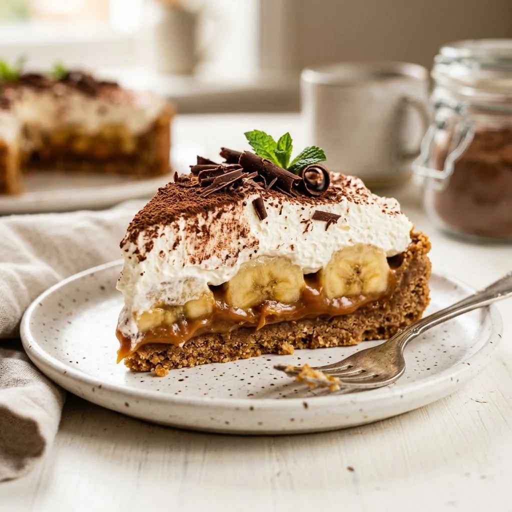 Delicious homemade Banoffee Pie with banana and toffee layers