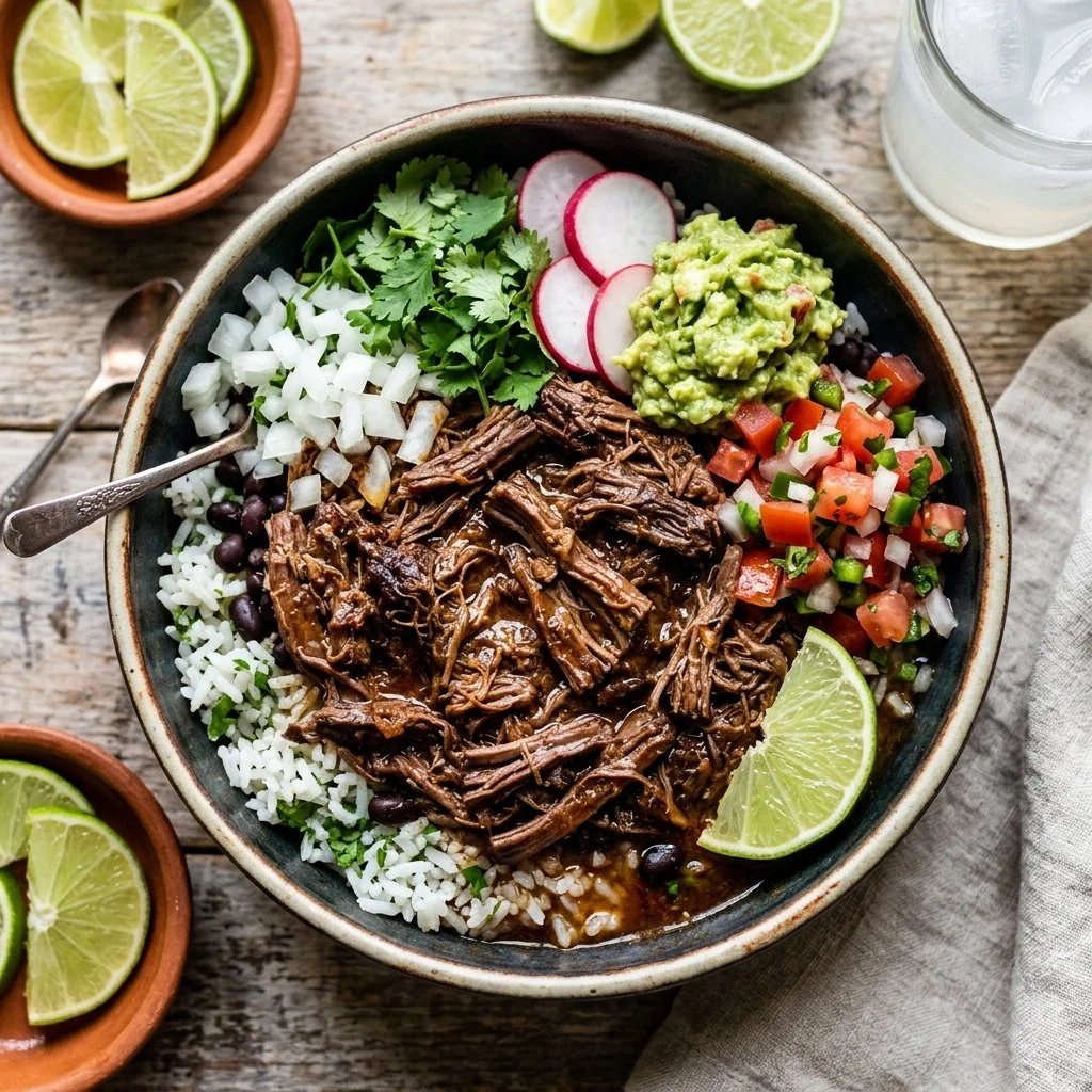 Delicious barbacoa beef bowl with toppings garnished and served in a bowl