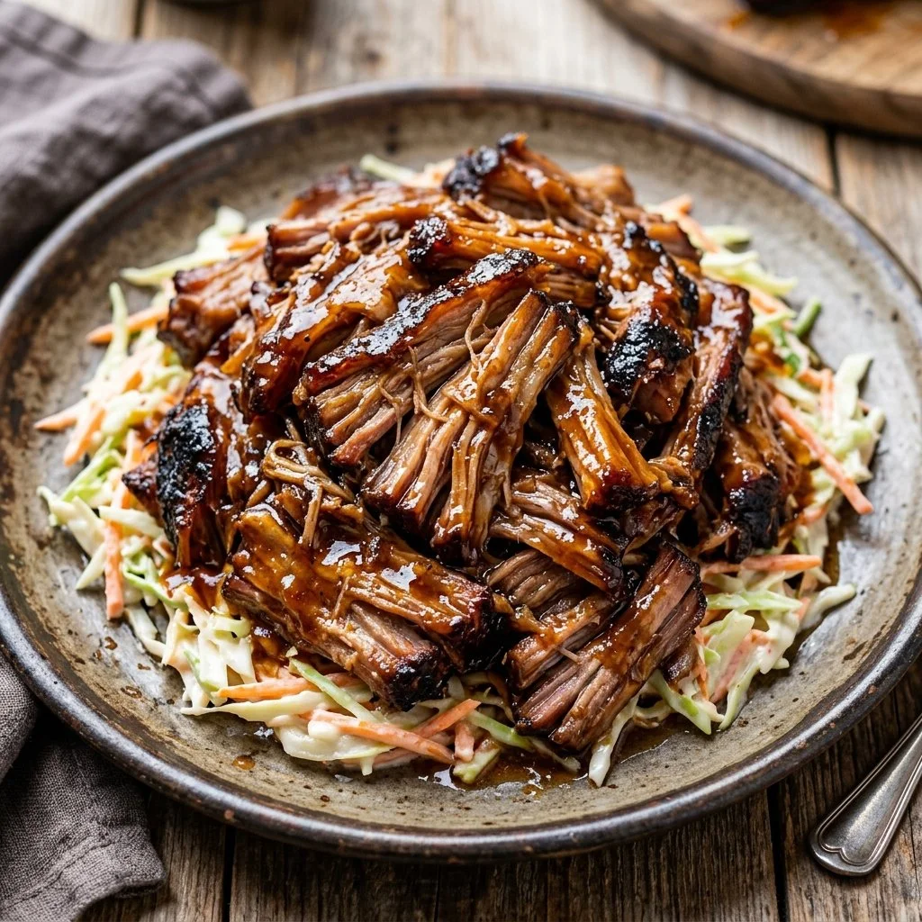 Delicious BBQ pulled pork served with coleslaw and bread