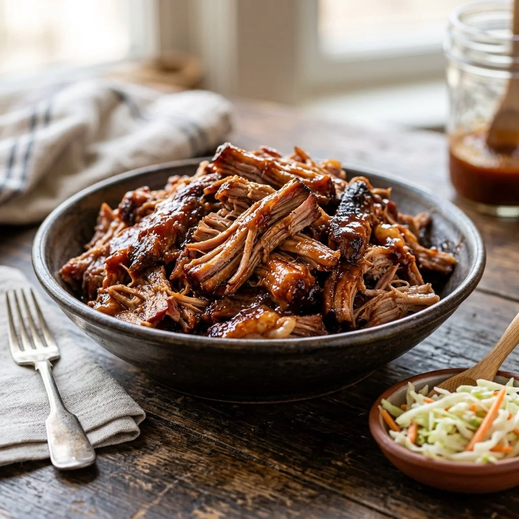 Delicious BBQ pulled pork served with coleslaw and buns