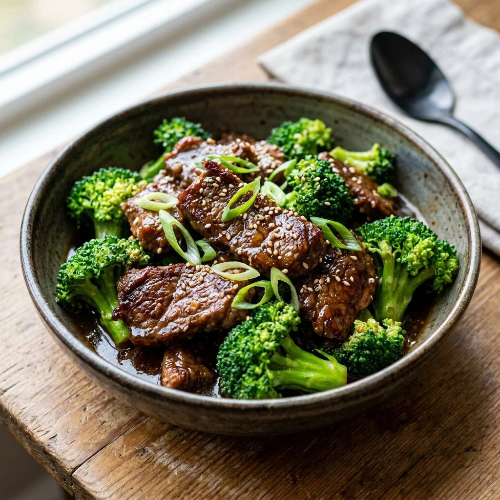 Plate of beef and broccoli stir-fry with vibrant green broccoli and tender beef slices.