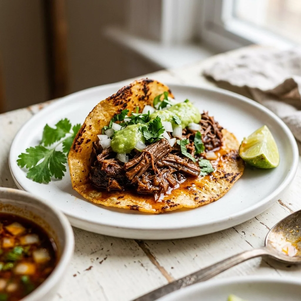 Delicious Beef Birria Tacos served with fresh toppings and broth