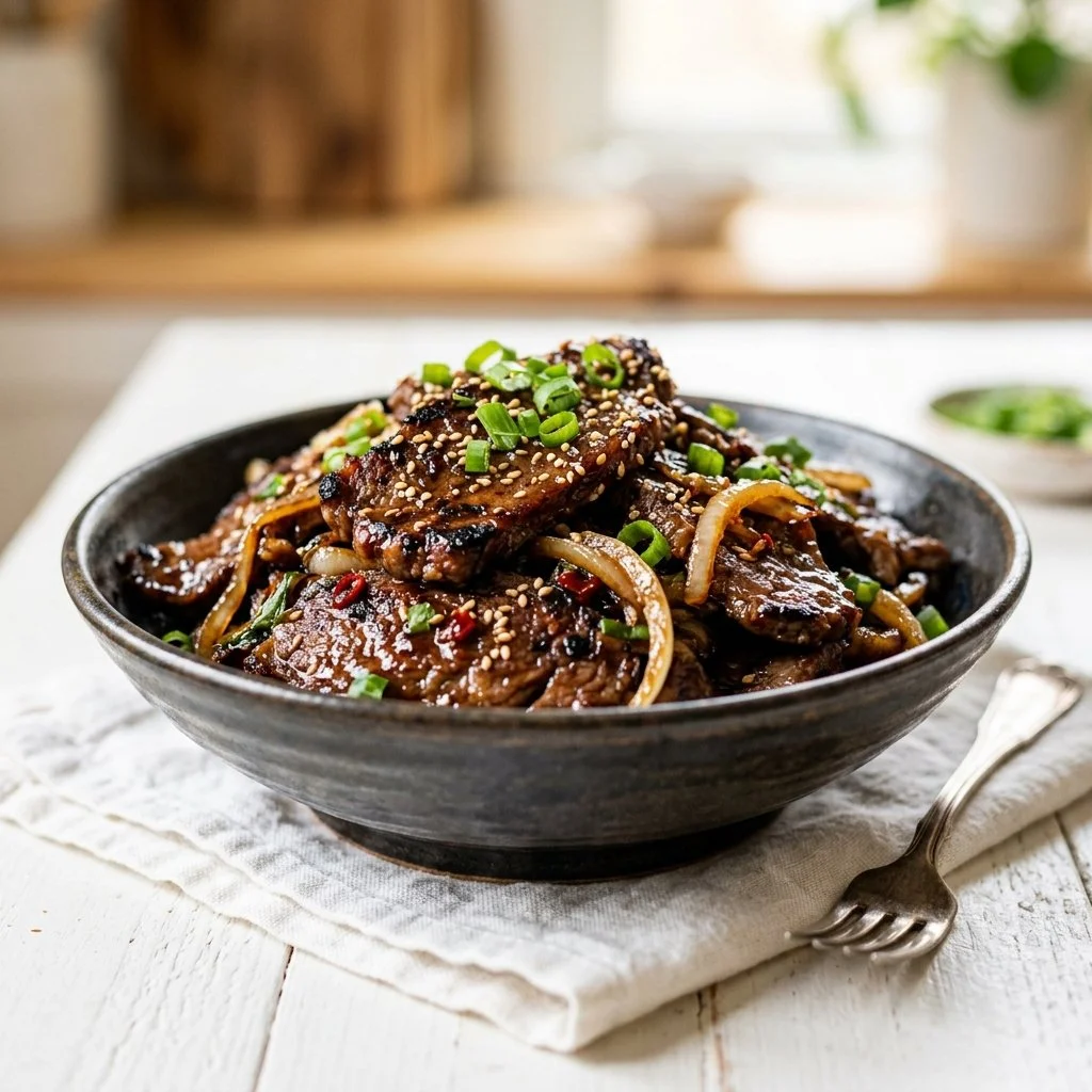 A delicious plate of Beef Bulgogi served with fresh vegetables and rice