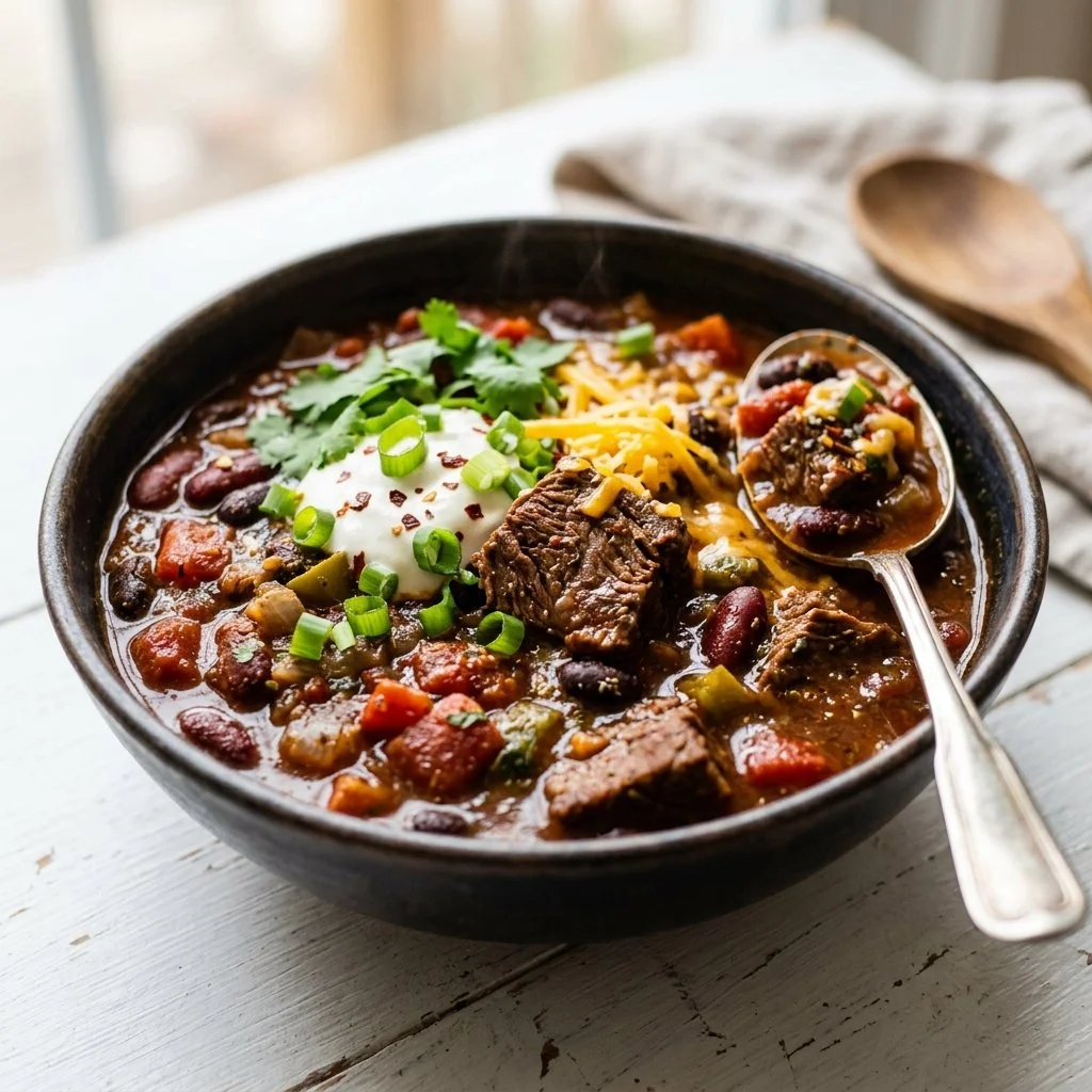 Bowl of delicious beef chili topped with sour cream and green onions