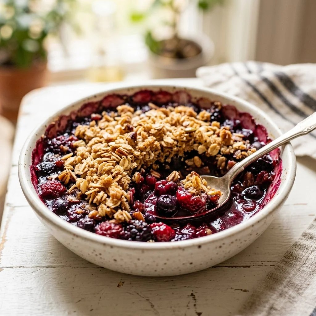 Delicious homemade berry crisp topped with a crunchy oatmeal and sugar mixture.