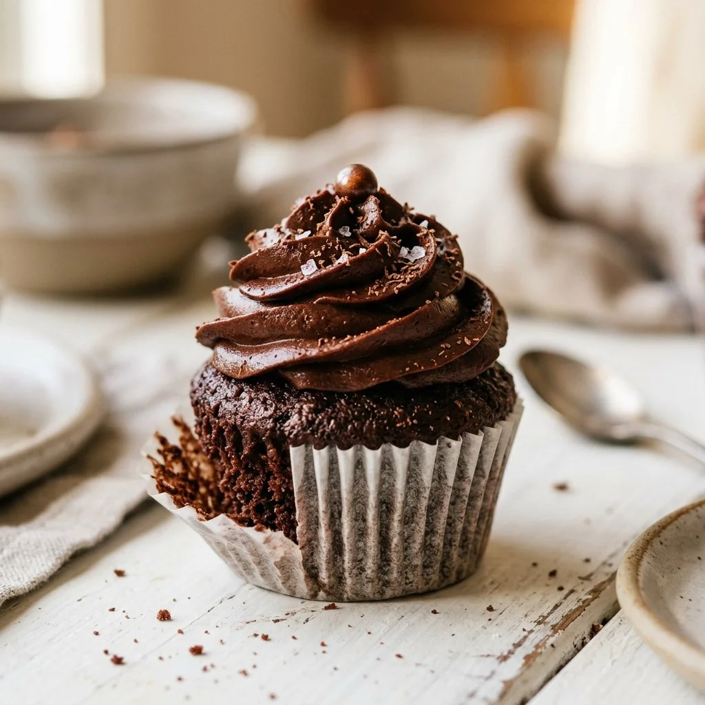 Delicious homemade chocolate cupcakes topped with creamy frosting