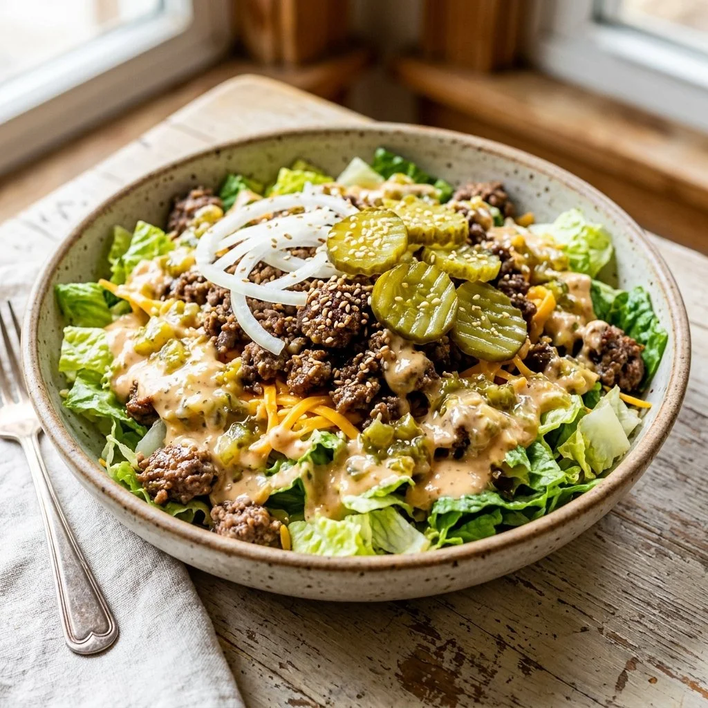 Delicious Big Mac Salad topped with fresh ingredients and a creamy dressing