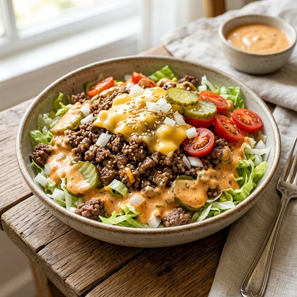 Big Mac Salad Bowl featuring lettuce, burgers, cheese, and special sauce