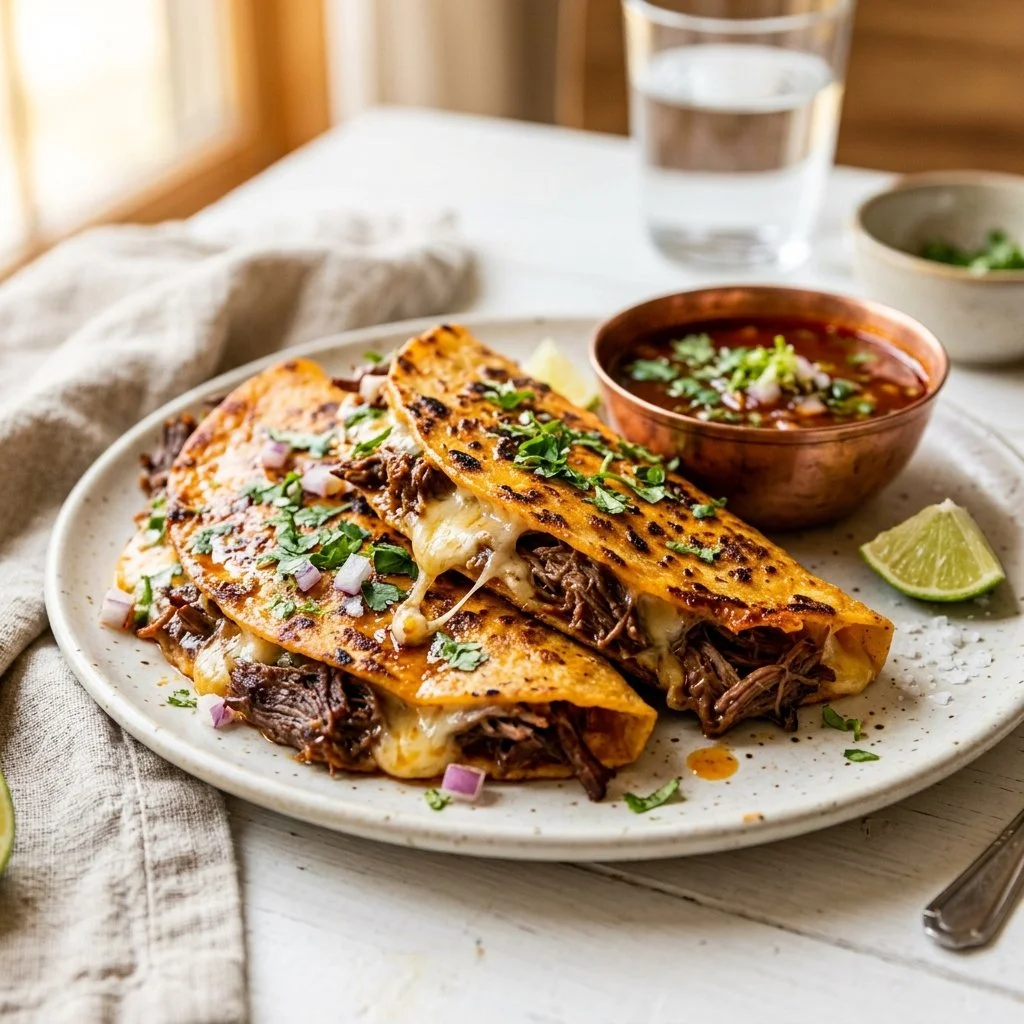 Plate of homemade birria quesadillas with melted cheese and savory beef filling.