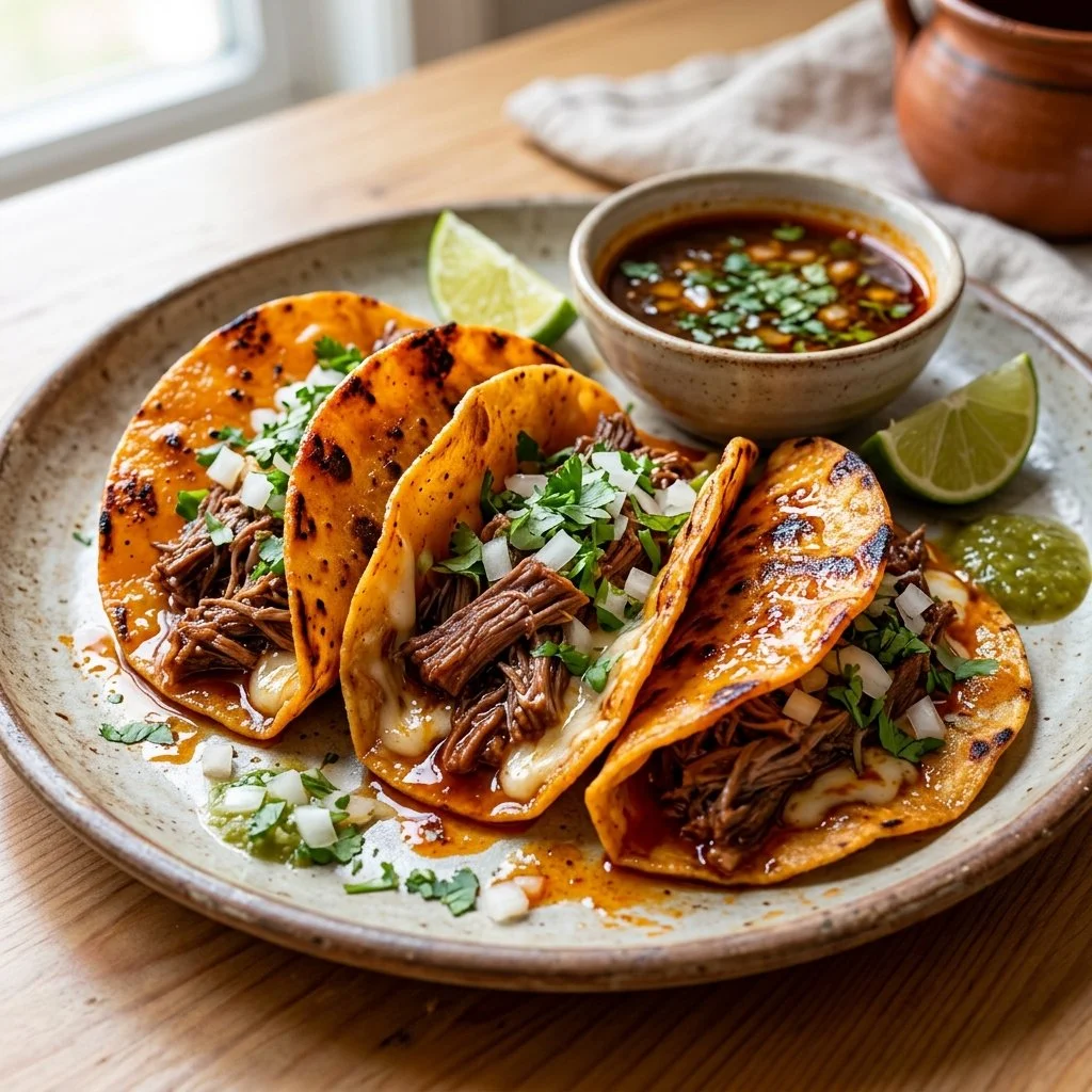 Authentic Birria Tacos with savory meat and dip