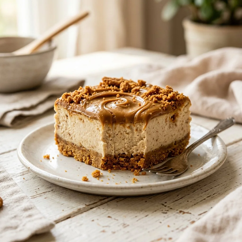 Delicious Biscoff cheesecake bars on a white plate