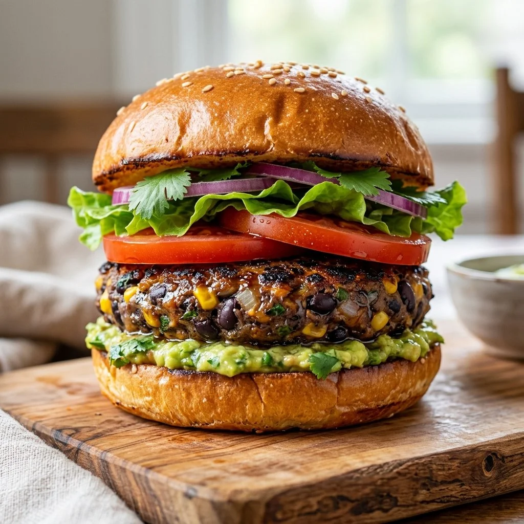 Homemade black bean burgers served on a bun with fresh toppings