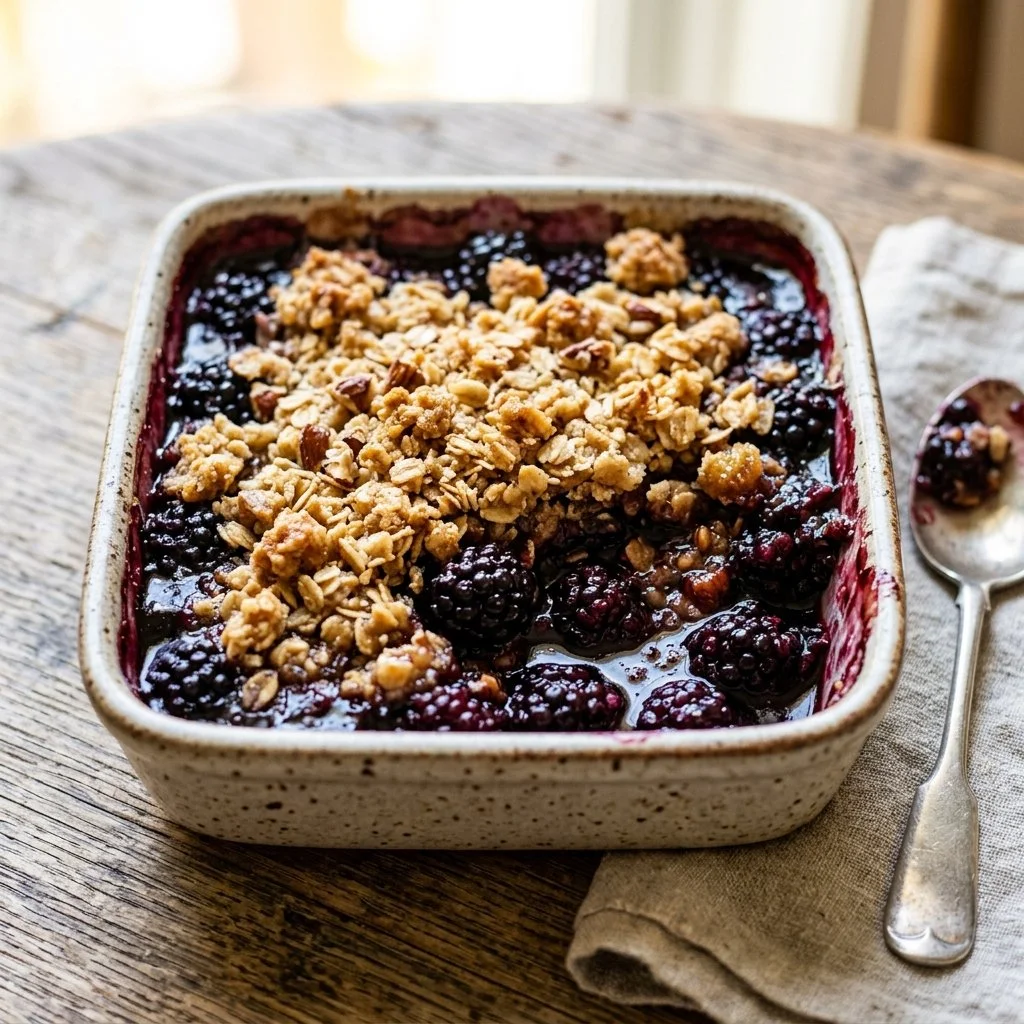 Delicious blackberry crumble topped with golden brown crumble