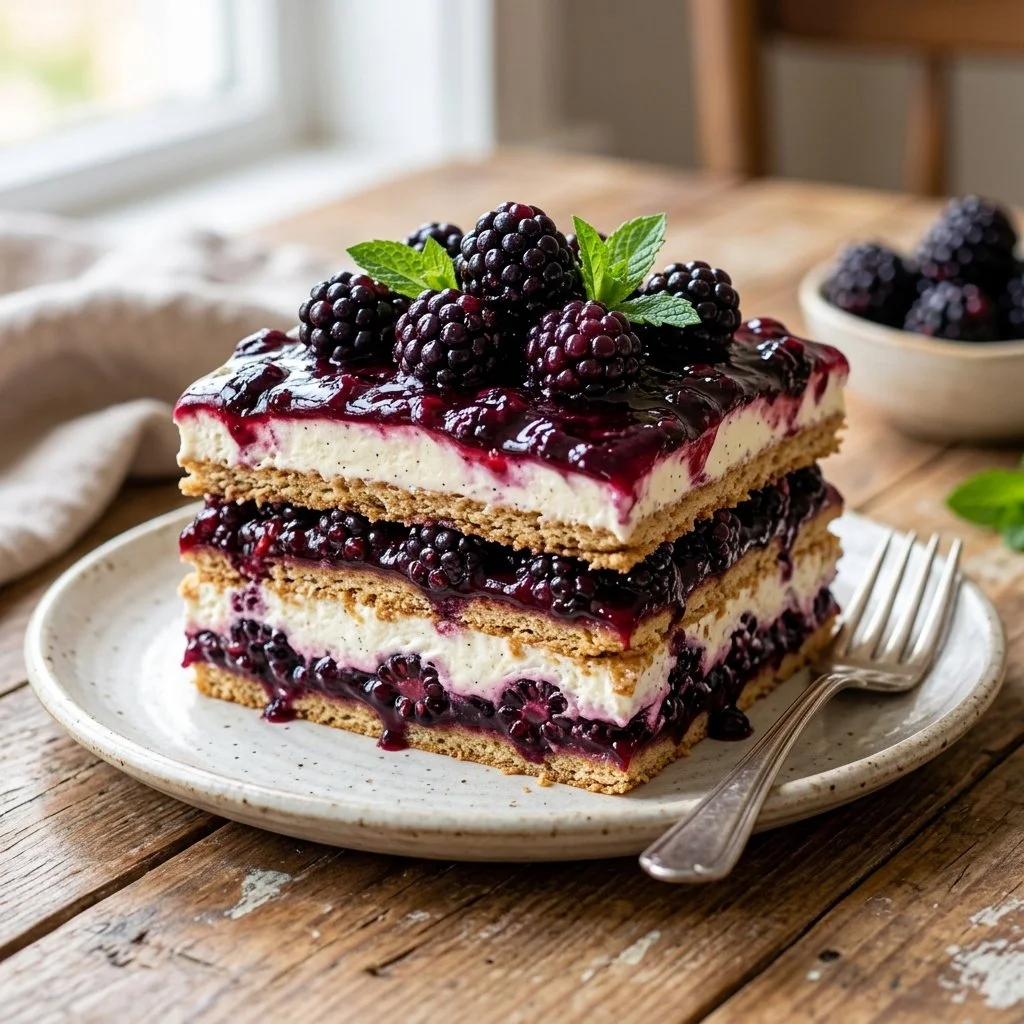 Delicious Blackberry Icebox Cake with layers of blackberries and creamy filling