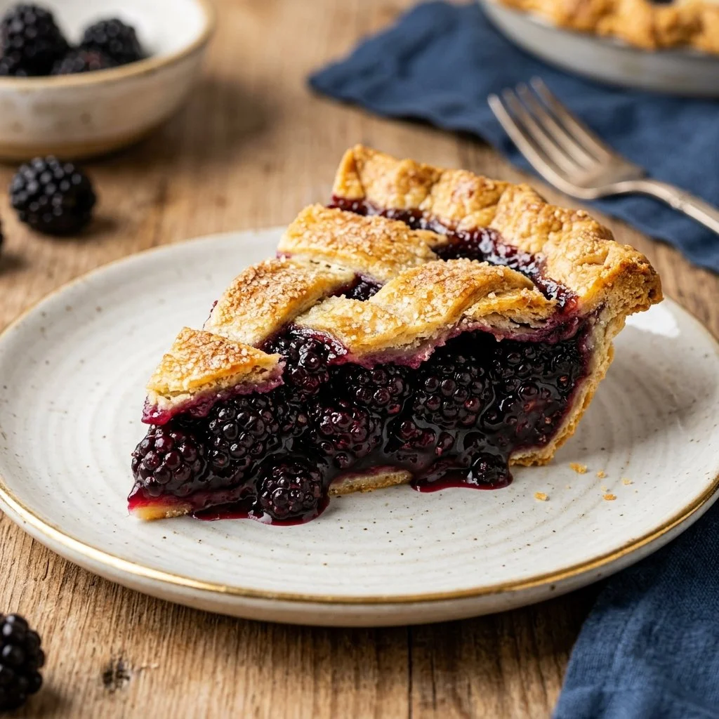 Freshly baked blackberry pie with a golden crust and juicy filling.