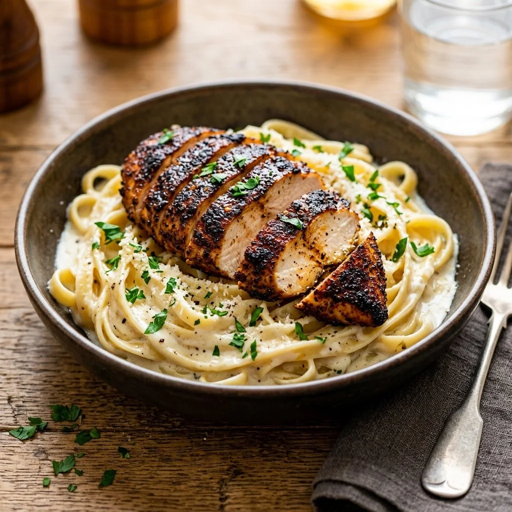 Delicious Blackened Chicken Alfredo pasta with creamy sauce and blackened chicken pieces