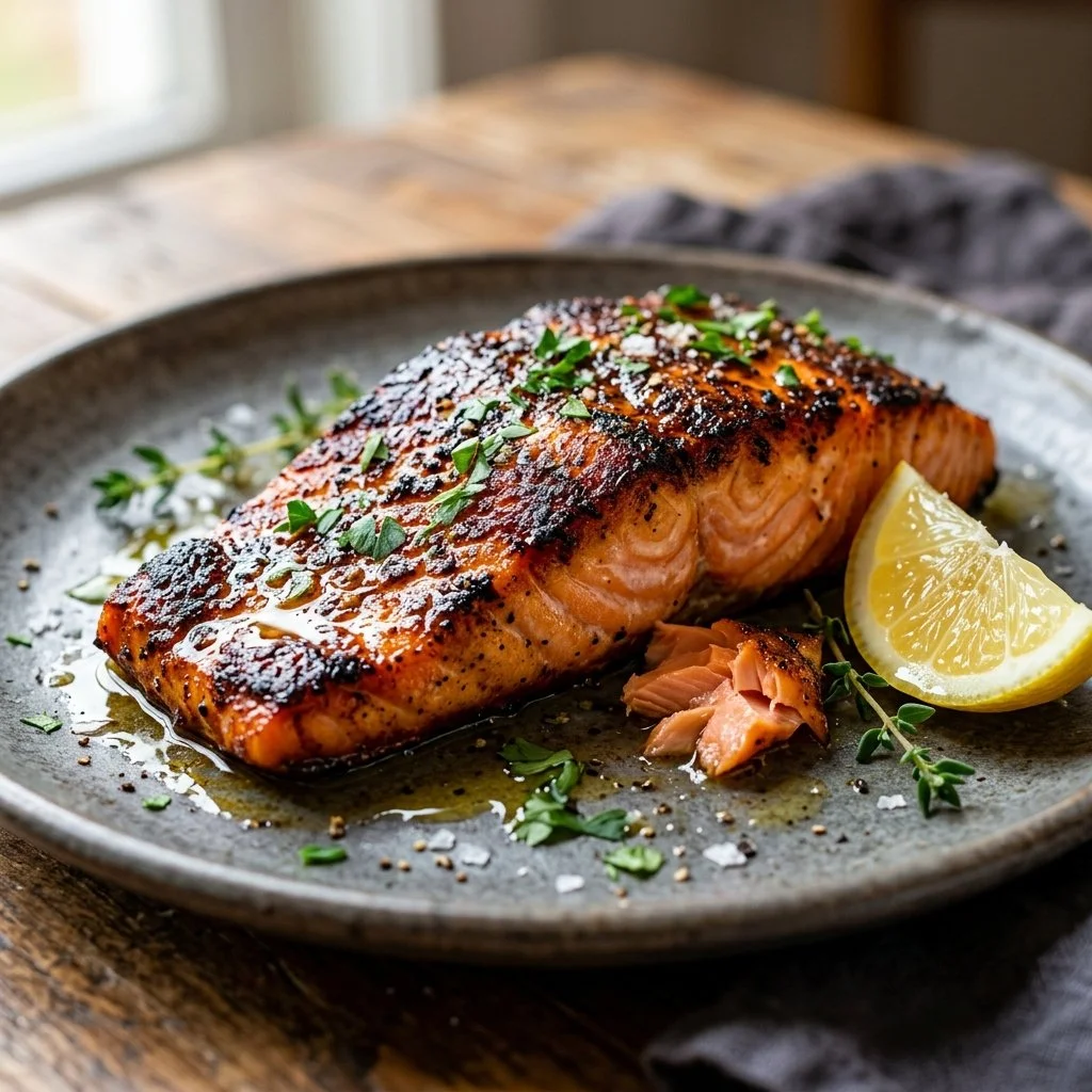 Delicious blackened salmon fillet served on a plate with fresh herbs.