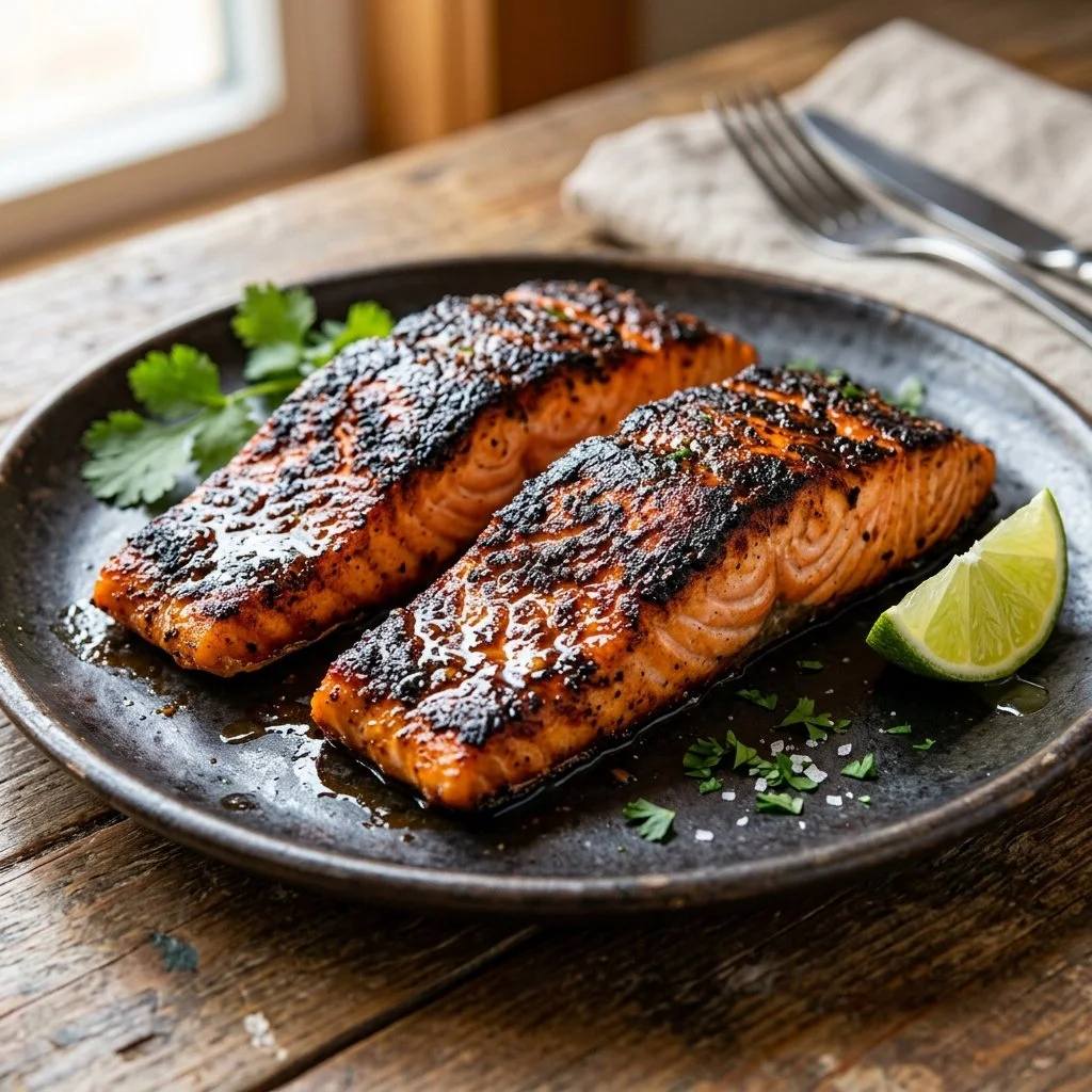 Deliciously blackened salmon fillets served with herbs and spices.