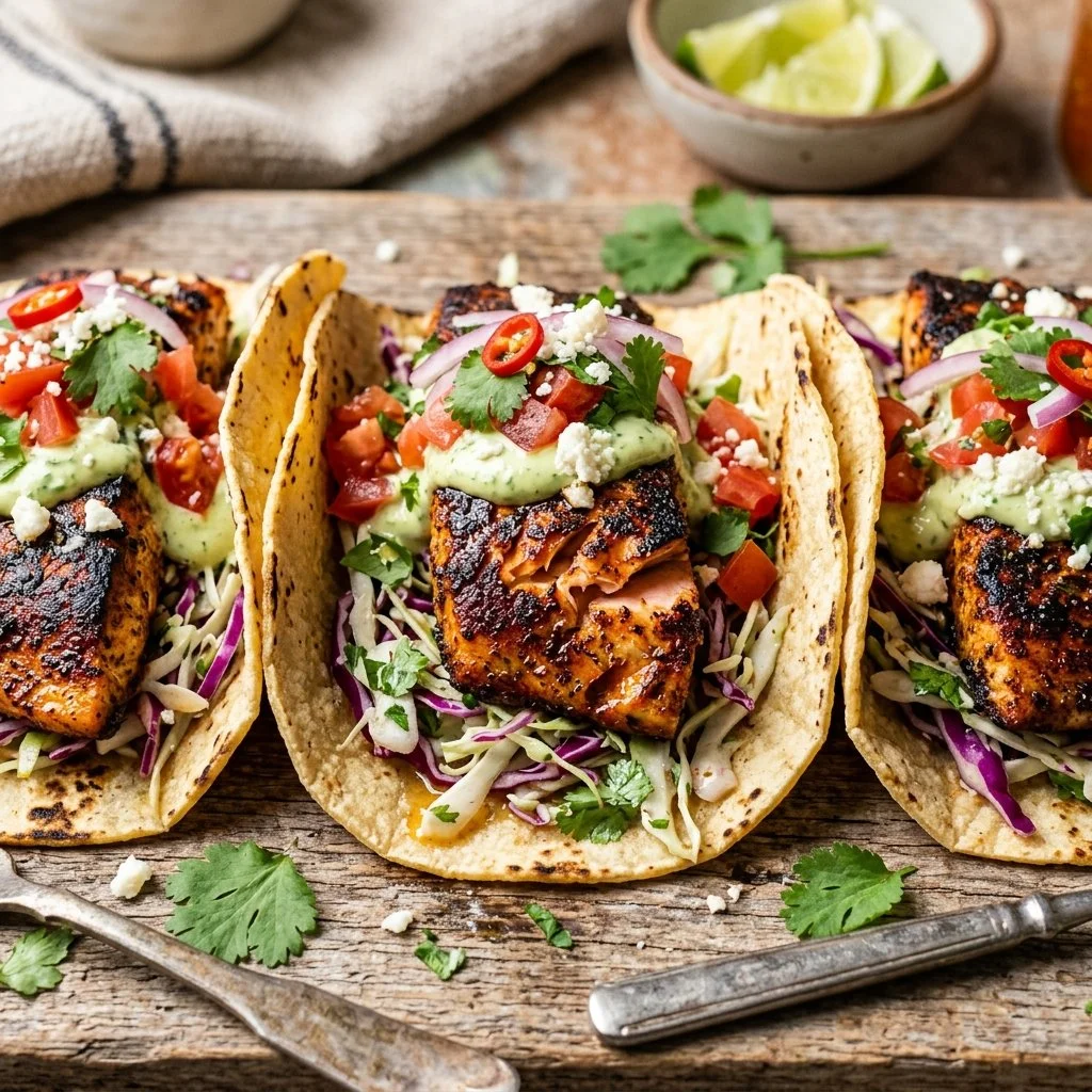 Blackened salmon tacos served with fresh toppings and lime wedges
