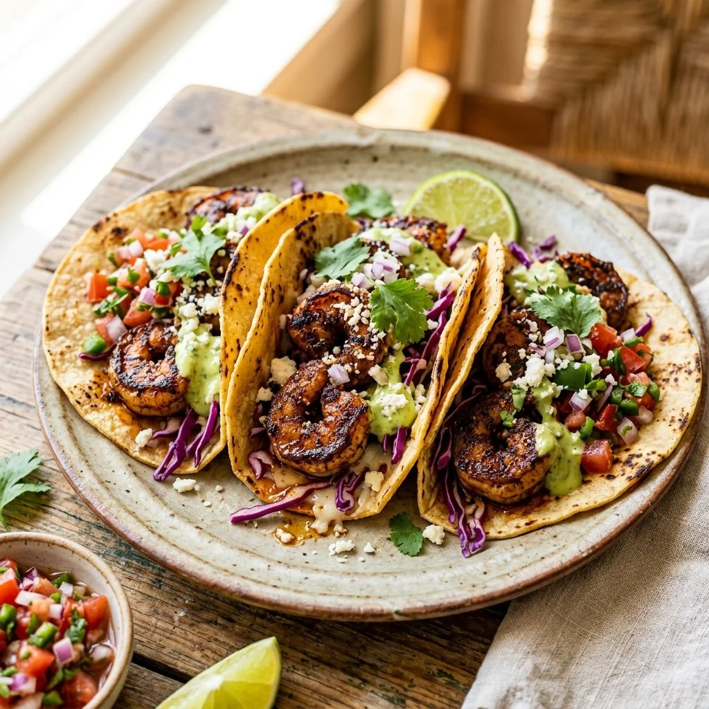 Blackened shrimp tacos served with fresh toppings and lime
