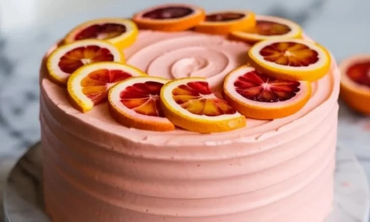 Delicious Blood Orange Cake topped with vibrant orange slices and icing.